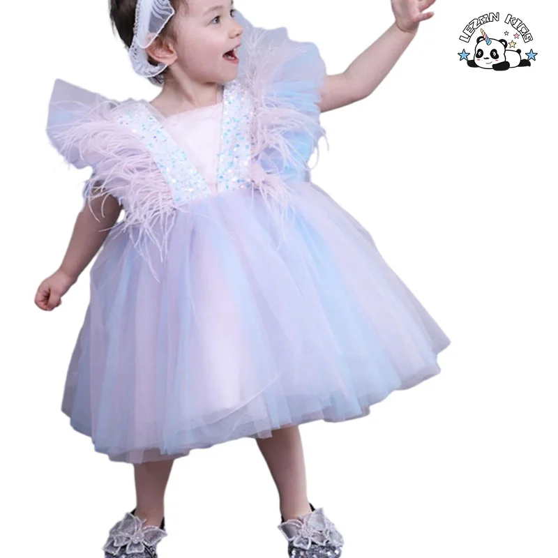 LEZONKIDS - Customizable New Fancy Ruffle Sleeve Feather Rainbow Layered Kids Tulle Dresses Girls Princess Dress